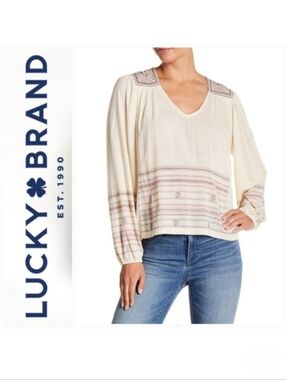 Lucky Brand Embroidered Boho Peasant Top